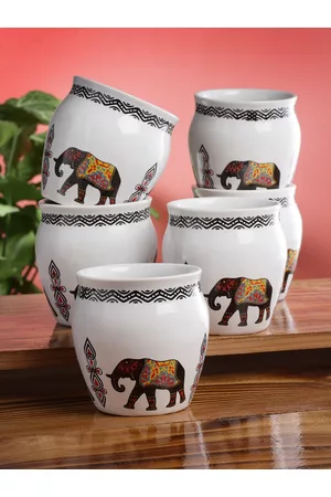 Arrabi White & Red Set Of 6 Dishwasher Safe Ceramic Glossy Kulladhs Set 220 ml Each
