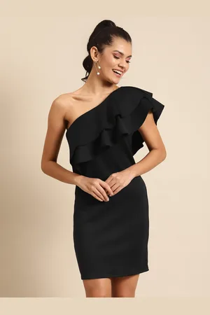 DODO & MOA Women Black Scuba One-Shoulder Solid Sheath Dress