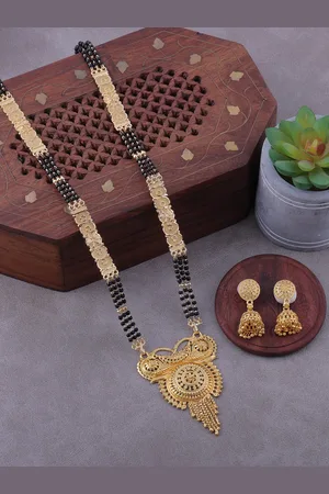 Brandsoon Gold-Plated Black Beaded Mangalsutra WIth Earrings