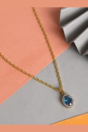 CLARA Women 925 Sterling Silver Blue & White Gold-Plated CZ-Studded Pendant With Chain