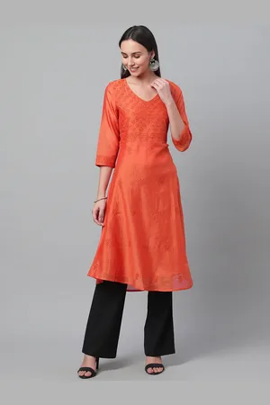 akheri Women Orange Chikankari Embroidered Chanderi A-Line Kurta