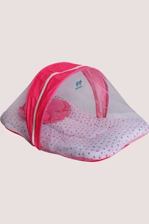 Superminis Kids Pink & White Printed Cotton Bedding Set with Mosquito Net