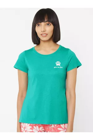 Soie Women Teal Green Paw Printed Lounge T-Shirt