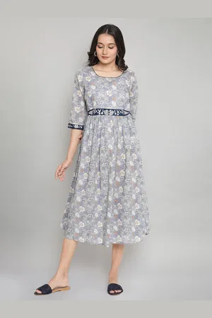 AURELIA Grey Floral Printed Midi Pure Cotton Dress