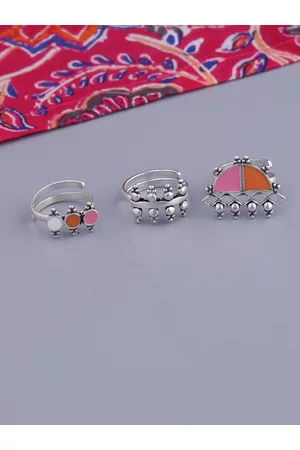 Voylla Women Set Of 3 Silver-Plated Enamelled Rings