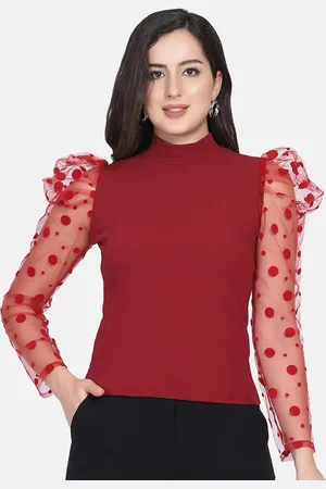 BuyNewTrend Maroon Net Puff Sleeves Knitted Top