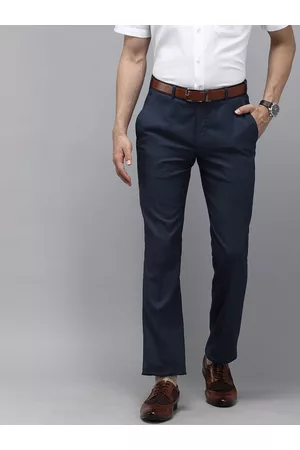 Park Avenue Men Navy Blue Textured Smart Fit Low-Rise Crop Formal Trousers