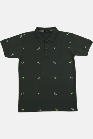 V-Mart Kids Boys Olive Green Conversational Print Polo Collar T-shirt