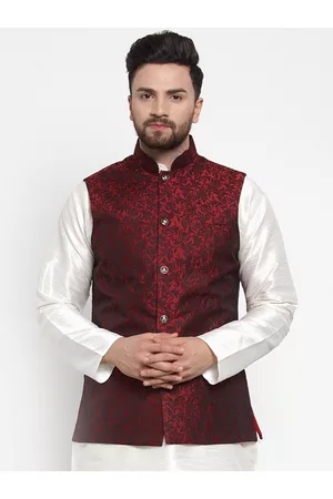 Jompers Men Maroon Floral Woven Design Nehru Jacket