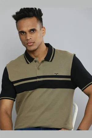 Flying Machine Men Green & Black Striped Polo Collar Pure Cotton Slim Fit T-shirt