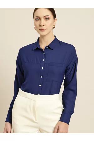 Invictus Women Navy Blue Drop-Shoulder Sleeves Solid Formal Shirt