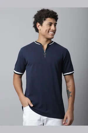 DOOR74 Men Navy Blue Mandarin Collar T-shirt