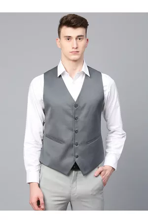 MANQ Men Grey Solid Slim Fit Formal Waistcoat