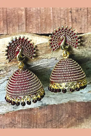 ANIKAS CREATION Maroon & Gold-Plated Antique Dome Shaped Jhumkas