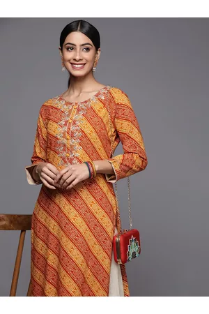 Varanga Women Mustard Yellow & Rust Bandhani Embroidered Gotta Patti Indie Prints Kurta