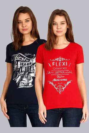 Fleximaa Women Navy Blue & Red Typography Pack Of 2 Printed Cotton T-shirt