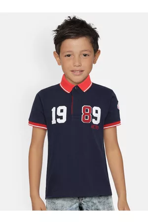 METRO KIDS COMPANY Boys Navy Blue Organic Cotton Self Design Polo Collar T-shirt