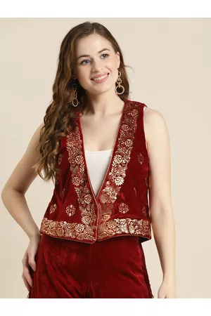 Sassafras Women Maroon Foil Print Velvet Waistcoat