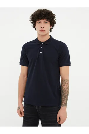 Trendyol Men Navy Blue Polo Collar Pure Cotton Slim Fit T-shirt