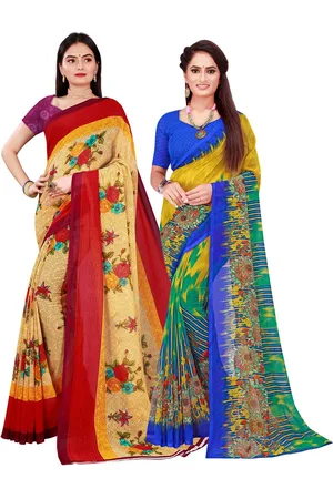 Kalini Pack Of 2 Women Beige & Yellow Printed Pure Georgette Saree With Unstitched Blouse