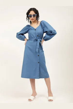 Elle Blue Solid Midi Dress