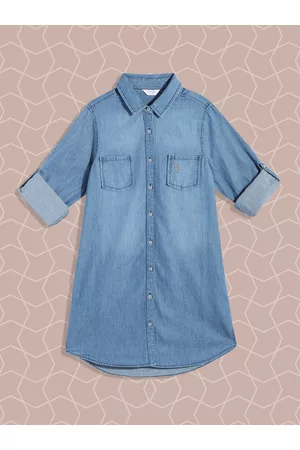 Ralph Lauren Girls Blue Faded Roll-Up Sleeves Pure Cotton Chambray Shirt Dress