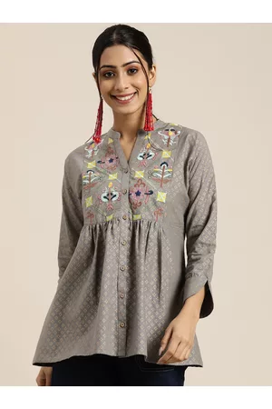 Sangria Women Ethnic Waistcoats - Women Grey Embroidered Print Pure Cotton Mandarin Collar A-Line Top