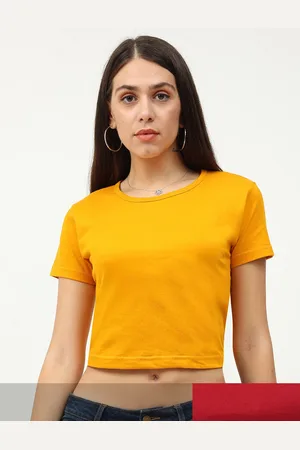Fleximaa Women Pack of 2 Mustard Yellow & Maroon Solid Round Neck Crop Pure Cotton Top
