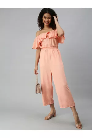 SHOWOFF Women Peach-Coloured Solid Off-Shoulder Ruffles Cotton Basic Jumpsuit