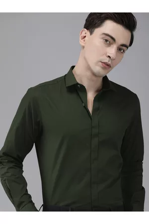 The Bear House Men Green Slim Fit Pure Cotton Concealed Placket Formal Shirt