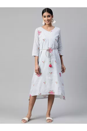 Rangriti Women Blue & White Striped Printed Pure Cotton A-Line Midi Dress with Belt