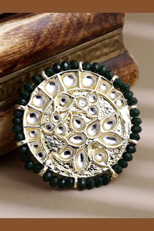 karatcart Gold-Plated Green Kundan & Crystal Beads Studded Ring