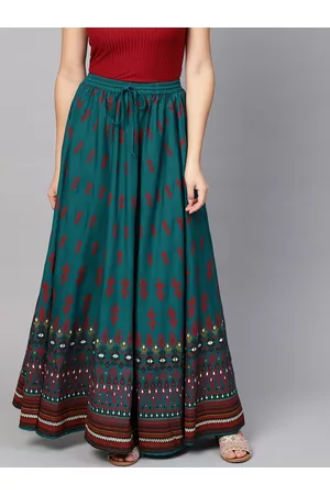 anayna Teal Blue & Red Printed Flared Maxi Skirt