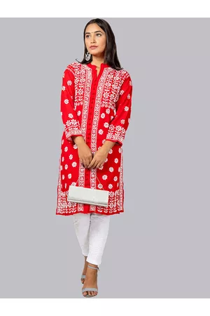 FAWOMENT Women Red & White Floral Lucknowi Chikankari Kurta
