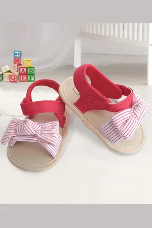 Baby Moo Girls Red & Pink Striped Booties