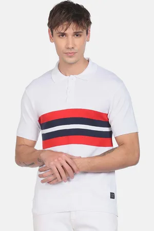 Flying Machine Men White Striped Polo Collar Pure Cotton T-shirt
