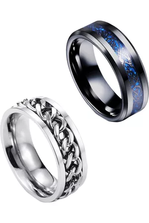 Yellow Chimes Men Silver Toned & Blue Set Of 2 Rhodium Plated Rings