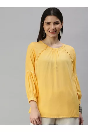 Global Desi Yellow Embroidered Button Detailed Top