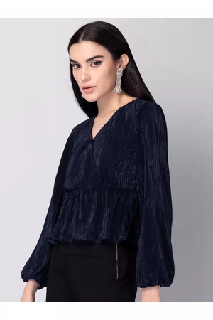 FabAlley Women Navy Blue Pleated Wrap Top
