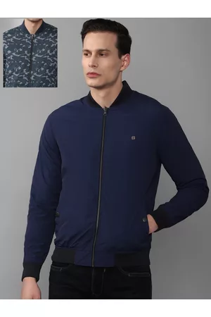 Louis Philippe Men Navy Blue Camouflage Reversible Cotton Bomber Jacket