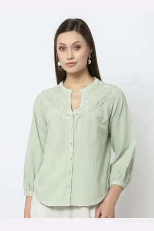 Gipsy Green Women Mandarin Collar Styled Back Cotton Top