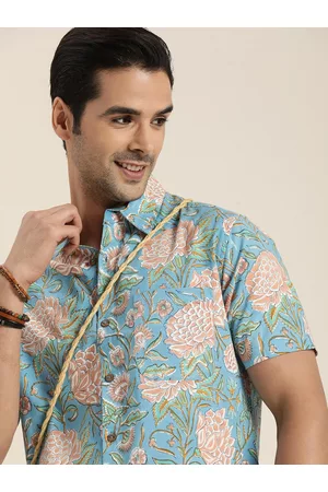 Taavi Men Blue & Pink Handblock Floral Printed Casual Shirt