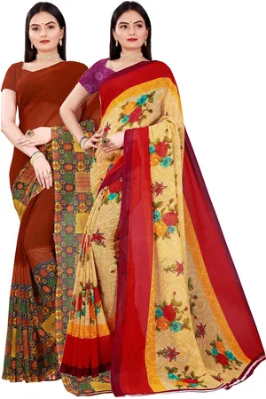 Florence Pack Of 2 Women Beige & Brown Printed Pure Georgette Saree With Unstitched Blouse