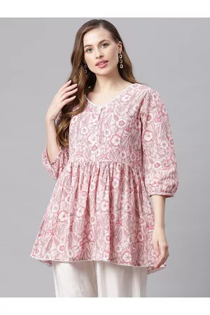 Divena World Women Pink & White Floral Print Pure Cotton Peplum Top