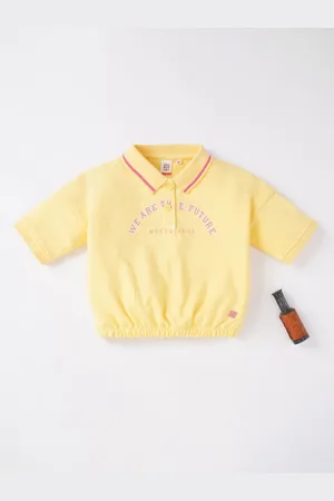 Ed-a-Mamma Girls Yellow Typography Printed Polo Collar T-shirt