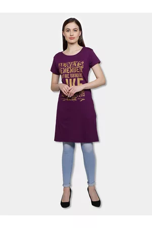 Fleximaa Women Purple Print Cotton Longline Top