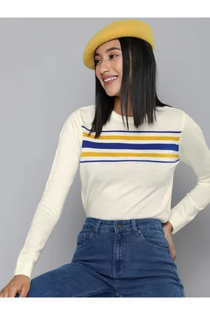 HERE&NOW Women Off White & Blue Striped Pullover