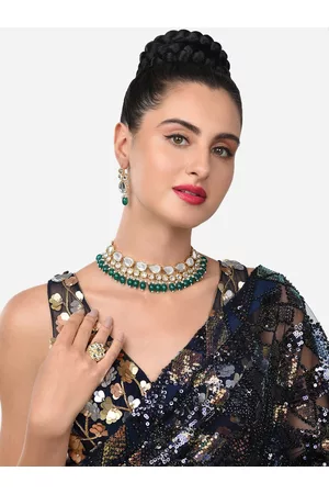 Zaveri Pearls Gold-Plated Green & White Kundan Studded & Beaded Jewellery Set