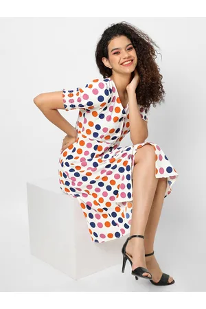Campus Women Multicoloured Polka Dot Printed Crepe Dress