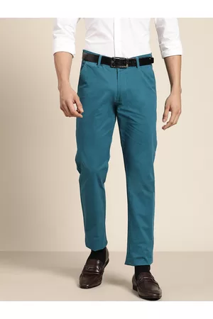 HANCOCK Men Teal Blue Slim Fit Cotton Trousers